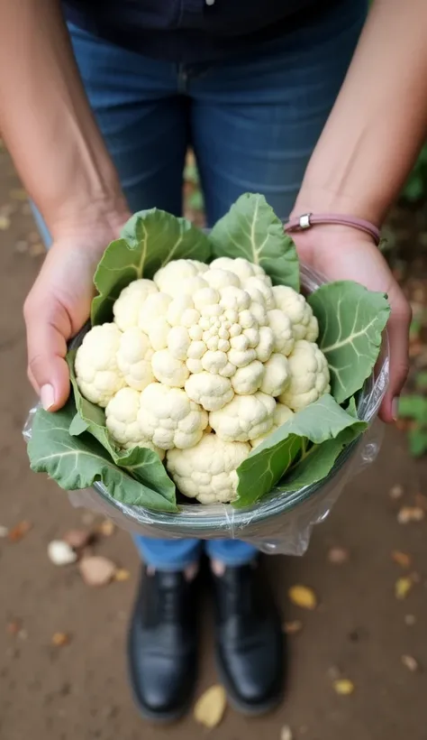 The image shows a person holding a bunch of white cauliflower in their hands. The cauliflower is wrapped in plastic and has green leaves attached to it. The person is standing on a dirt ground with some leaves scattered around. They are wearing blue jeans ...