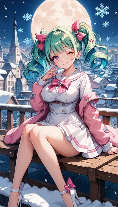 score_9, score_8_up , score_7_up ,source_anime,1cute girl, EMERALD hair,  pattern 、 Twin Tails,  pink ribbon, Cute Smile ,  Large breasts,  cute white sailor suit with pink lines, miniskirt, pink eyes, White High Heels ,Snowy cityscape , snows, snowflakes ...