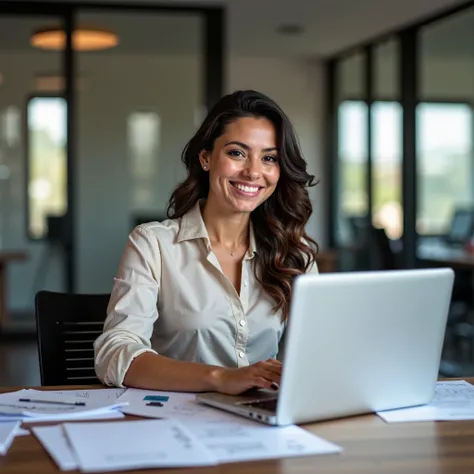 A masterpiece, ultra-high-quality, sharply detailed depiction with no blur effect of a Hispanic woman working on a laptop in an office. She is smiling, surrounded by documents on her desk, set in a professional and well-lit office environment