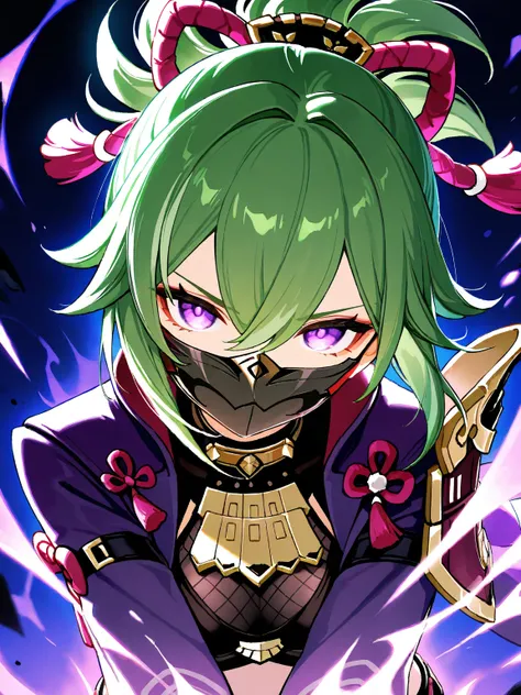 1girl,shinobu kuki\(genshin impact\),green hair, hair between eyes, ponytail, short hair, (purple eyes:1.1), green hair, ponytail, violet eyes, red tattoos, mask, purple jacket, black crop top, fingerless gloves,accessories
,BREAK close-up,portrait,glowing...