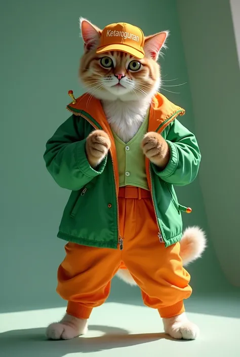 A cool and cute male cat is dressed as a kpop dancer and standing on the floor running。  The hat says KETANGGUNGAN。
The coat color is a green of orange and white.。