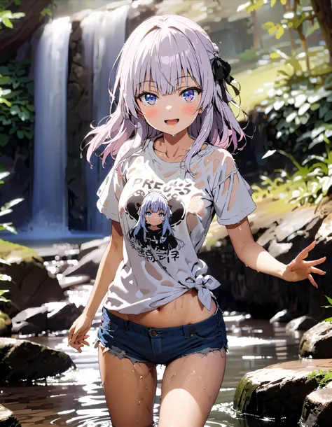 score_9,  score_8_ up,  score_7_ up,  source_Anime,
 Alice Sakayanagi  ,  Sakayanagi Alice,  long hair, bangs, 紫色の目, Gray Hair, blunt bangs,smile,blush, open their mouths,oversized t-shirt,The hem of the shirt is tied, belly button out, denim micro shorts...