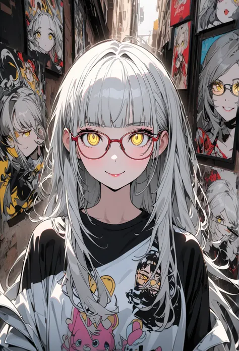  Glasses、Glasses、glowing eyes、long hair, gray hair, masterpiece, top quality, very beautiful, absurd, with bangs, glasses, yellow eyes, yellow eyes, Glasses、 create pop art style digital artwork、インク風drawing、 drawing with black ink on white paper 、I was par...