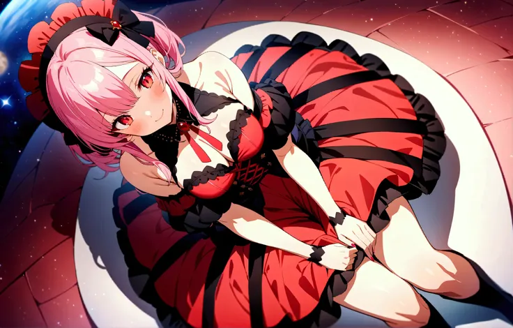 (((masterpiece, best image quality))),((( Beautiful smiling woman with long pink hair and red eyes dressed in a gothic Lolita style costume))),(( sitting on the ground holding a stuffed animal )),(((Fairytale and unreal space ))),There is no one else, angl...