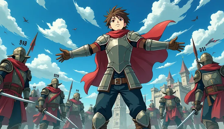  An anime-style scene in the fantasy/RPG genre. The protagonist is a young blacksmith standing confidently in the center with his arms out to the sides. He is wearing an armor in the wind and smiling, looking forward. Around him are warriors with horned he...