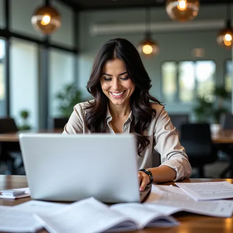 A masterpiece, ultra-high-quality, sharply detailed depiction with no blur effect of a Hispanic woman working on a laptop in an office. She is smiling, surrounded by documents on her desk, set in a professional and well-lit office environment