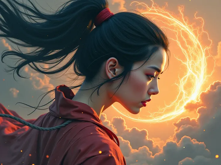 creations shows a chinese woman kungfu master fighting with evil face made from the dark cloud at the sky,  storms, lightnings, swirl, fire bender, 1girl, High Resolution, Black Hair, Masterpiece, Anatomically Correct, Best Quality, Award Winning, Super De...