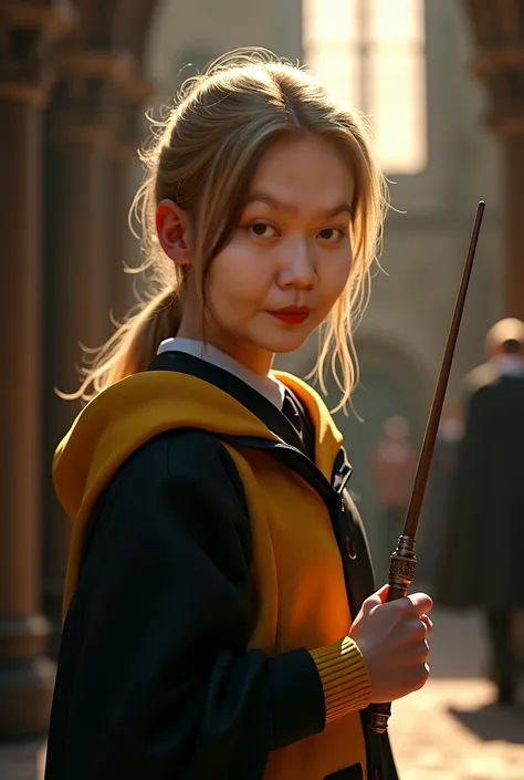 Hogwarts schoolgirl in slim-bodied blonde hufflepuff uniform with tapered cheeks is holding a wand.