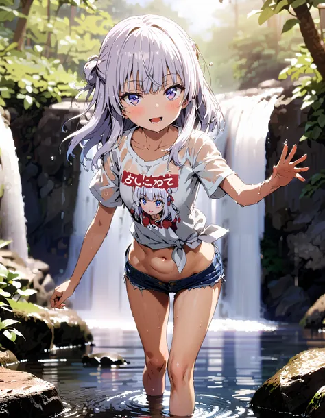  score_9,  score_8_ up,  score_7_ up,  source_Anime,
 Alice Sakayanagi  ,  Sakayanagi Alice,  long hair, bangs, 紫色の目, Gray Hair, blunt bangs,smile,blush, open their mouths,oversized t-shirt,The hem of the shirt is tied, belly button out, denim micro shorts...
