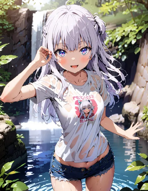  score_9,  score_8_ up,  score_7_ up,  source_Anime,
 Alice Sakayanagi  ,  Sakayanagi Alice,  long hair, bangs, 紫色の目, Gray Hair, blunt bangs,smile,blush, open their mouths,oversized t-shirt,The hem of the shirt is tied, belly button out, denim micro shorts...