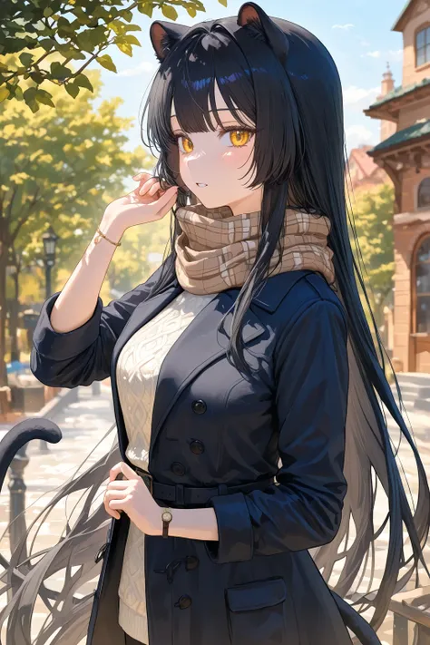  1 girl,  black panther girl ,  golden eyes,  black hair ,  very long hair , straight hair, pony tail,  medium breasts, curvaceous, Cool,  beautiful,  black panther ears , Tierohren, tail,  long sleeves,  black coat , warm clothes,   alone in a snowy town,...