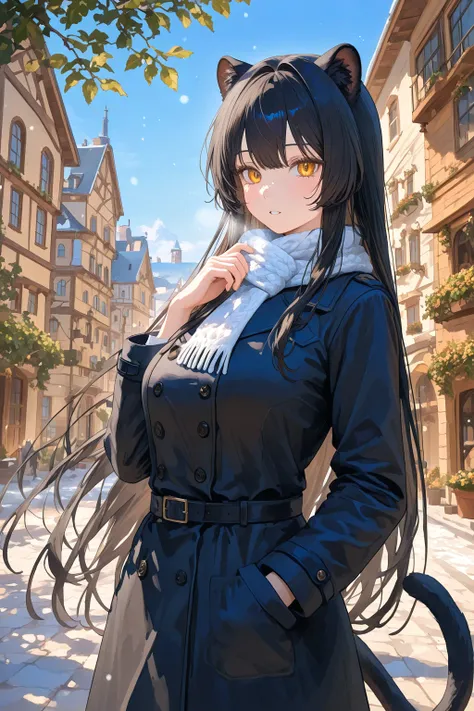  1 girl,  black panther girl ,  golden eyes,  black hair ,  very long hair , straight hair, pony tail,  medium breasts, curvaceous, Cool,  beautiful,  black panther ears , Tierohren, tail,  long sleeves,  black coat , warm clothes,   alone in a snowy town,...