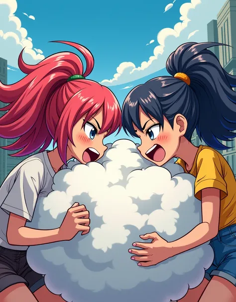 An anime-style illustration depicting many gang-girls playfully wrestling with each other inside a city comical fight cloud.
each gang-girl has different colored hair.
their faces,hands,and feet are visible emerging from the cloud as they tussle humorously...