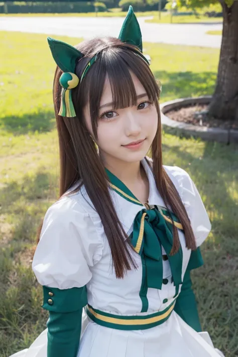  Japanese woman who looks like an idol , long hair , straight hair , Round face , bust up ,, medium chest, Asuka,  long hair,   animal ears,  earmuffs, white hairband,  Horsetail, Green sailor collar,   black bow,  white t-shirts,  layered sleeve, GREEN SL...