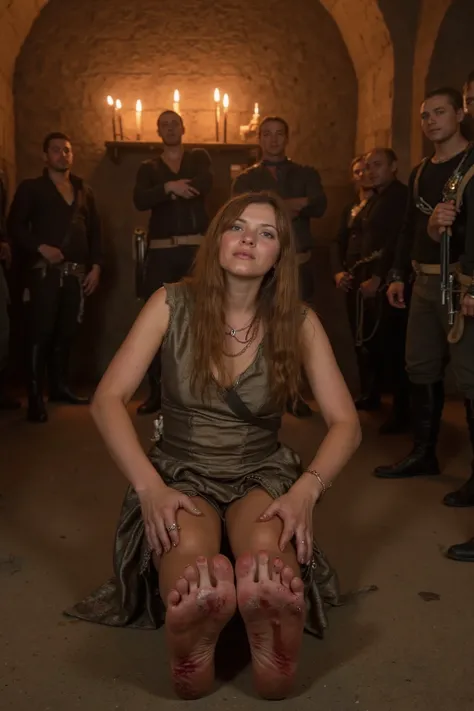 tip to toe shot from left, 1 pirate woman kneeling in a dungeon surrounded by 1700’s Royal Navy seamen, 33 years old woman, fit body, caucasian, without shoes, she is on her kneels and barefoot, she has long hair, unruly facial expression, she weeps and su...