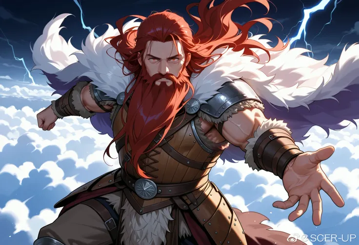 dark red hair, long hair, (((mature male))), muscular, viking armor, fur cape, long beard, dynamic pose, conjuring lightning, above clouds