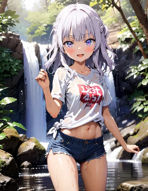  score_9,  score_8_ up,  score_7_ up,  source_Anime,
 Alice Sakayanagi  ,  Sakayanagi Alice,  long hair, bangs, 紫色の目, Gray Hair, blunt bangs,smile,blush, open their mouths,oversized t-shirt,The hem of the shirt is tied, belly button out, denim micro shorts...