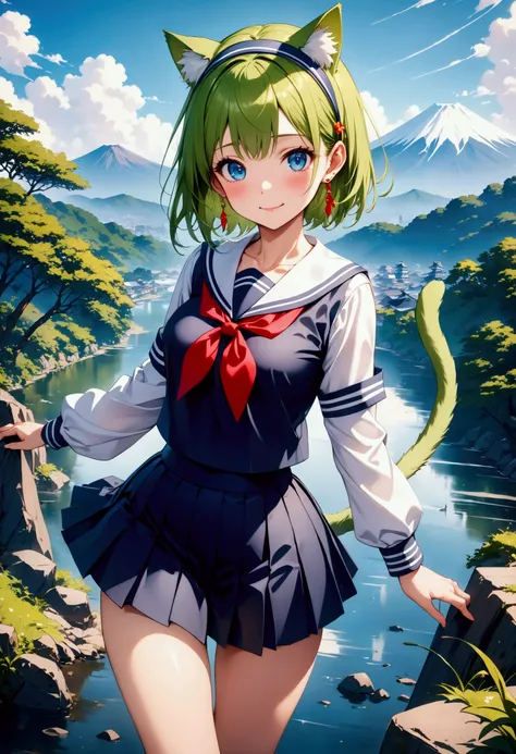 Japanese landscape, ((High school student, high school uniform, sailor suit, pleated skirt)), Shiny Costumes, (skindentation), break, skinny, alone, solo, Masterpiece, highest quality, highest quality, 16K, incredibly absurd, highly detailed, 2.5D, ai-gene...