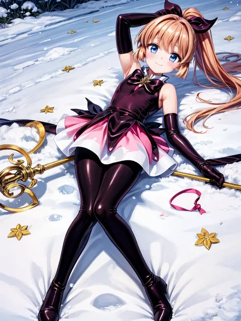 one girl, Meimi Haneoka, Saint tail, cute face, thin and tall, smile, blue eyes, brown long hair, ponytail with ribbon, magical girl, black and pink sleeveless dress, black elbow gloves, black pantyhose, black thigh boots, magical stick, full body shot, li...