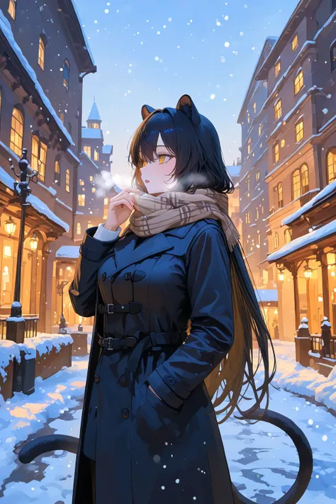  1 girl,  Black Panther Girl,  golden eyes,  black hair ,  very long hair , straight hair, pony tail,  medium breasts, curvaceous, Cool,  beautiful,  black panther ears , Tierohren, tail,  long sleeves,  black coat , warm clothes,  Alone in a City , winter...