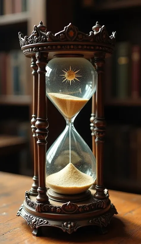 An ornate vintage crystal-framed hourglass sits on a wooden surface in a dimly lit library. Inside its glass chambers, specks of stardust and swirling galaxies envelop a small sun suspended at the top and a small moon suspended at the bottom.