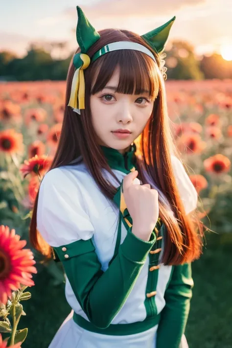  Japanese woman who looks like an idol , long hair , straight hair , Round face , bust up ,, medium chest, Asuka,  long hair,   animal ears,  earmuffs, white hairband,  Horsetail, Green sailor collar,   black bow,  white t-shirts,  layered sleeve, GREEN SL...