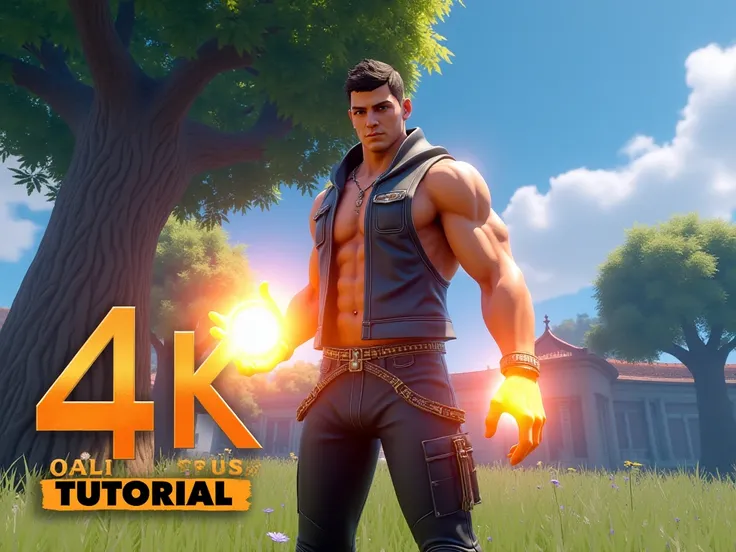 "An in-game screenshot of a highly stylized character in a vibrant outdoor setting with exaggerated 4K quality effects. The character has a muscular build, wears modern fantasy clothing, and is holding an energy orb. The environment includes a large tree, ...