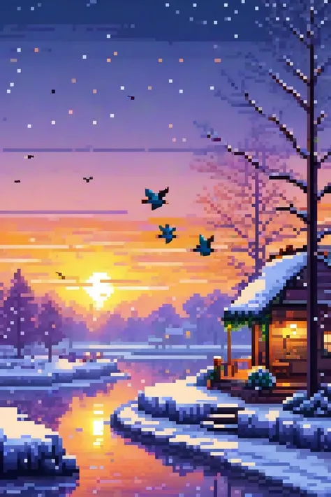 Snowy weather at sunset dim lights flying birds and foxes pixel art