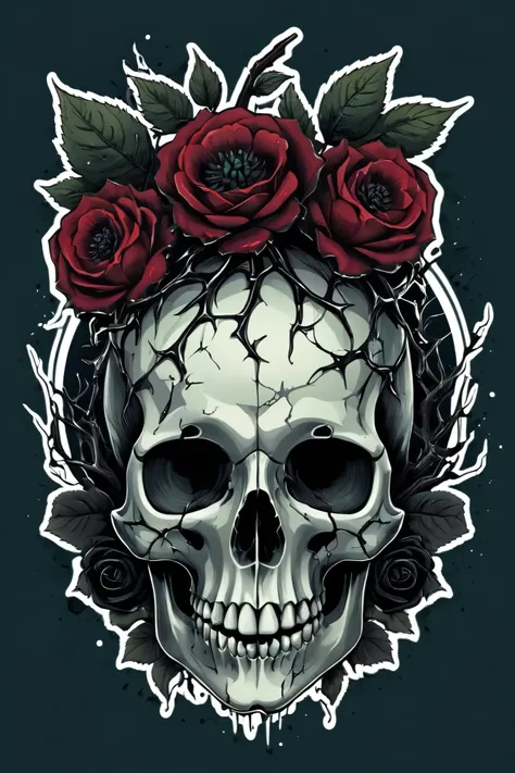 A decayed bitten apple with thorny black vines and blooming black roses growing out of it. The thorns subtly form the shape of a human skull in the background. Gothic surrealism, high contrast with dark reds and deep greens, illuminated with soft moonlight...