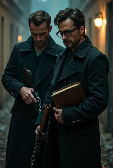 Two male researchers in black trench coats.  One of them has a shotgun in his hands. The other wears glasses and holds a book in his hand that is chained to his belt..