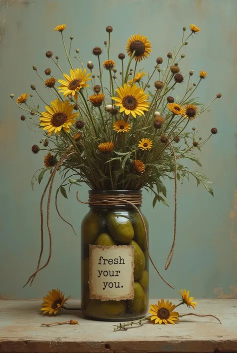 A wilted bouquet of weeds tied together with a shoelace, sitting in an old jar of pickle juice labeled, ‘Fresh for you.