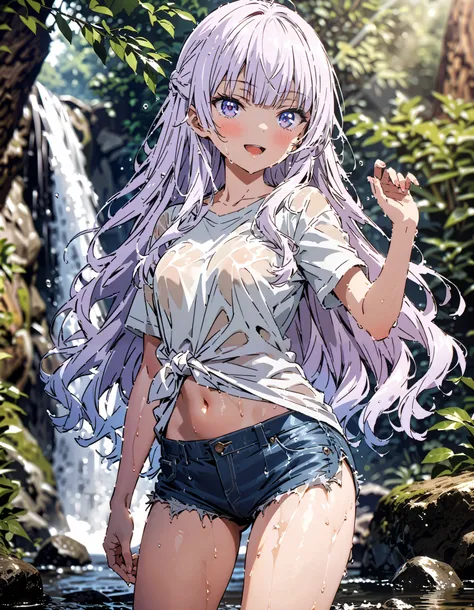  Alice Sakayanagi  ,  Sakayanagi Alice, Alone, long hair, bangs, 紫色の目, Gray Hair, blunt bangs,smile,blush, open their mouths,Oversized black t-shirt,The hem of the shirt is tied, belly button out, denim micro shorts ,Bare legs, wet skin,Wet clothes, wet ha...