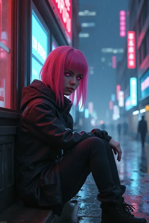 1 lady, Pink Eyes, Pink Hair, Straight Hair, Crying, Cybepunk, Futurism, Sitting at near store, cyberpunk city, Raining, looking at road