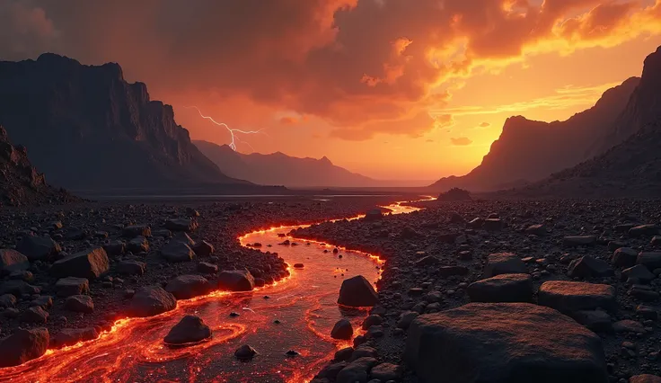 realistic photo of a volcanic lands; rocky dark brown land; the sky is cloudy; the clouds are yellow, brown and dark red; a lightning in the sky; a stream of lava flows across the photo; highly detailed photo