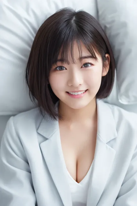 masterpiece,  best quality,  one woman, (Disheveled white coat、 sexyポーズ:1.2), 20 years old、(RAW 写真 best quality), (reality, reality的:1.4),  sexy、iris、 very detailed eyes and face,  A Beautiful, Detailed Nose , beautiful eyes,  perfect anatomy、 short hair、 ...