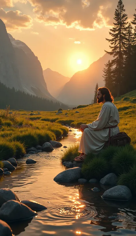 Highly detailed, ultra-realistic, 32k resolution, cinematic lighting, finely textured, intricate details, atmospheric depth, photo-realistic masterpiece, professional-grade composition. A serene natural setting during a golden sunset, featuring a lush gree...