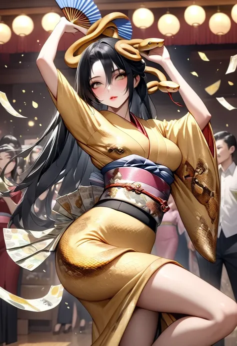 (masterpiece,  best quality:1.2),  female 1 person,  alone,  beautiful eyes, Snake goddess with long black hair, Golden Snake ,  hip swing dance  , Gorgeous Kimono, Use paper money as a hand fan, Place one hand on the waist and raise the bill above your he...