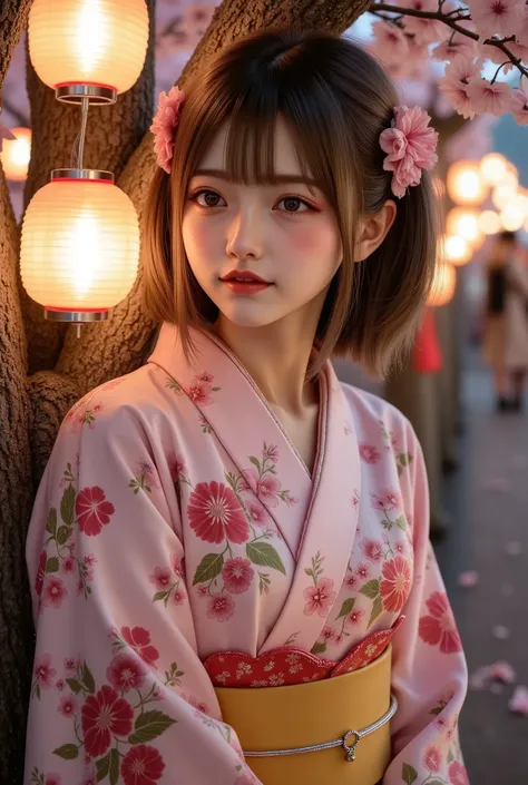 masterpiece, best quality, ultra-detailed, photorealistic depiction, intimate and cinematic composition, a blushing girl in a floral-patterned yukata with intricate embroidery, her shy expression captured with lifelike precision, soft, short dark brown hai...