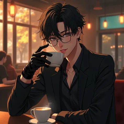 A young anime guy, beautiful detailed eyes, beautiful detailed lips, extremely detailed face and hair, smiling, sitting at a cafe, drinking coffee, wearing black attire, leather gloves, glasses, (best quality,4k,8k,highres,masterpiece:1.2),ultra-detailed,(...