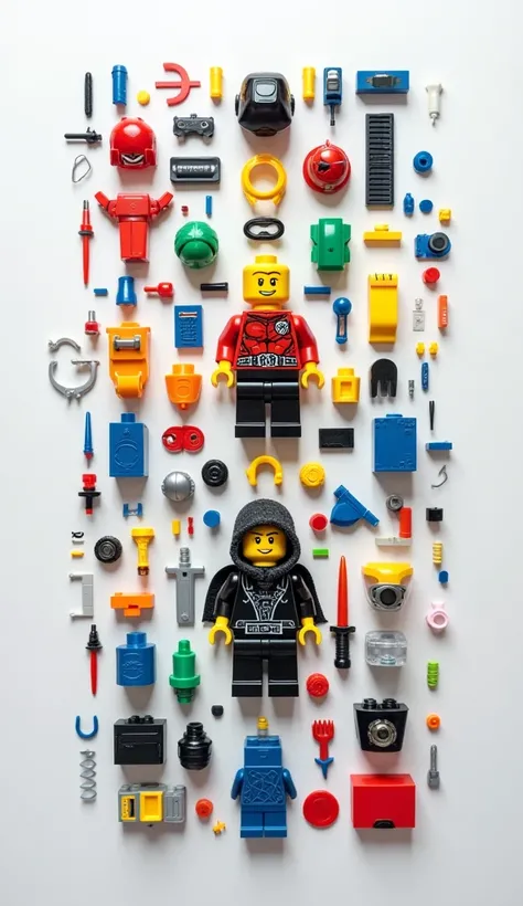 Create an image of a disassembled LEGO minifigure,  showing their components scattered in an organized manner :

personagens: Include a variety of spare parts, like heads, torsos , legs, ARMS, hands, helmets, hats and accessories .

 organization:  Arrange...