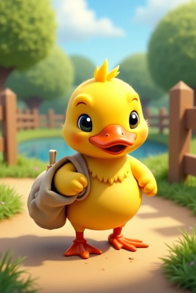 A duck is walking with a bag