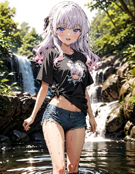 Alice Sakayanagi  ,  Sakayanagi Alice, Alone, long hair, bangs, 紫色の目, Gray Hair, blunt bangs,smile,blush, open their mouths,Oversized black t-shirt,The hem of the shirt is tied, belly button out, denim micro shorts ,Bare legs, wet skin,Wet clothes, wet ha...