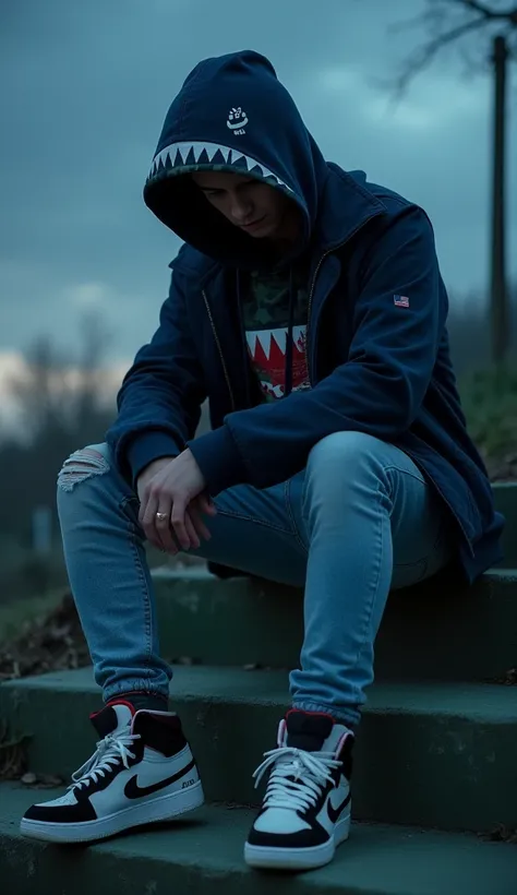 Create an ultra HD, hyper-realistic image of a person sitting on a set of concrete steps at dusk. The person is wearing a dark blue hoodie with a distinctive shark face design on the hood, which is pulled up over the head. The hoodie has a camouflage patte...