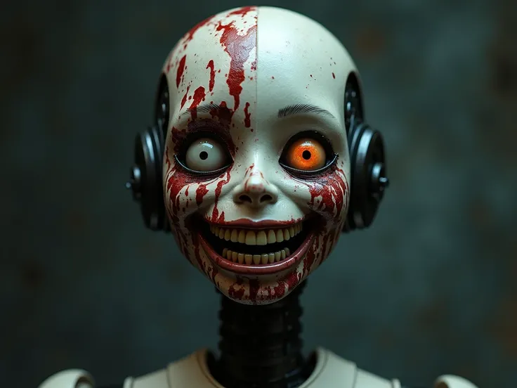 A close up front view of a humanoid robot [centered] with two different sides to her face. Left side looks normal and the right side with blood. large freaky smile. Dark background, hyper-stylized