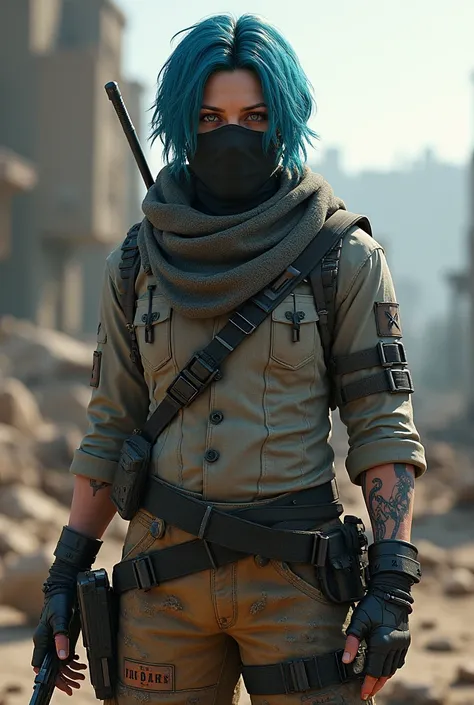 A character with the shirt attached to the Free Fire key pants survivor with the black mask Arctic blue hair 