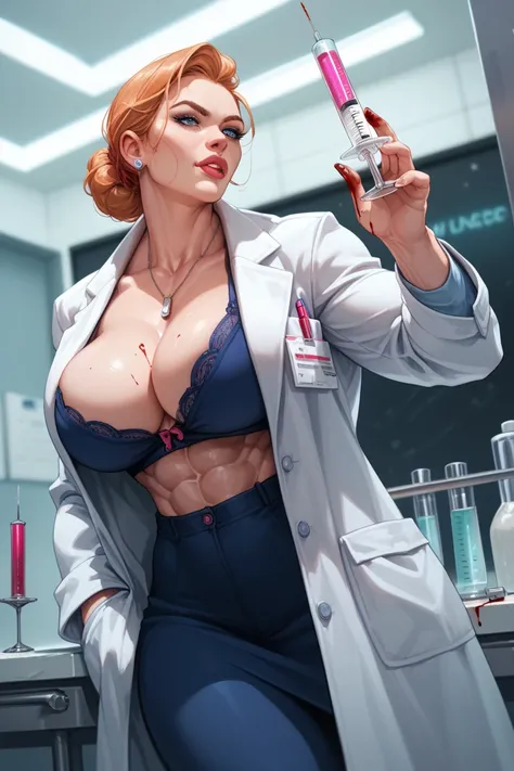 female, lab coat,Breasts that are getting bigger,muscles that are getting bigger,flushing,Blood ,I'm holding a syringe, big boobs,big pelvis