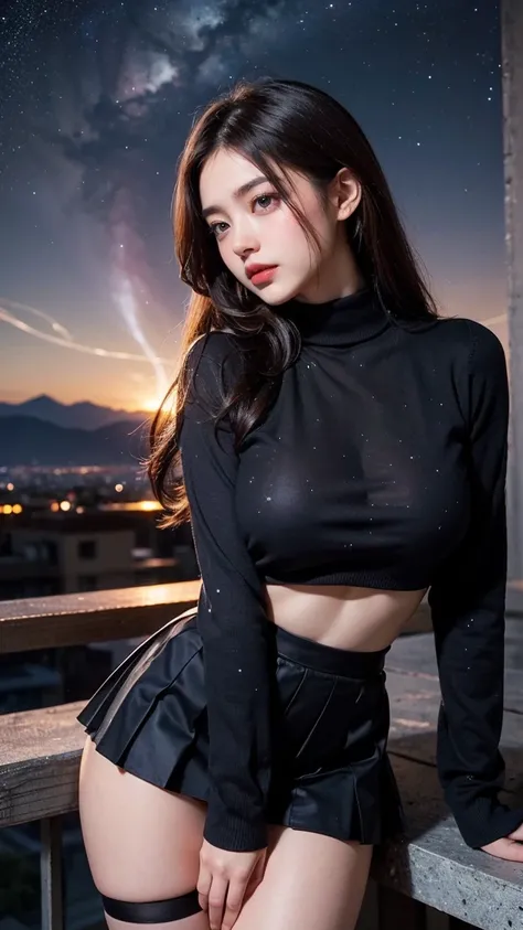 ai_kase, (A clear night sky with multiple nebulae clearly visible:1.2), (A beautiful girl looking at a nebula from the rooftop of a skyscraper), (Beautiful girl standing by the rooftop fence), (She is wearing a High neck voluminous sweater:1.3), break, (Hi...