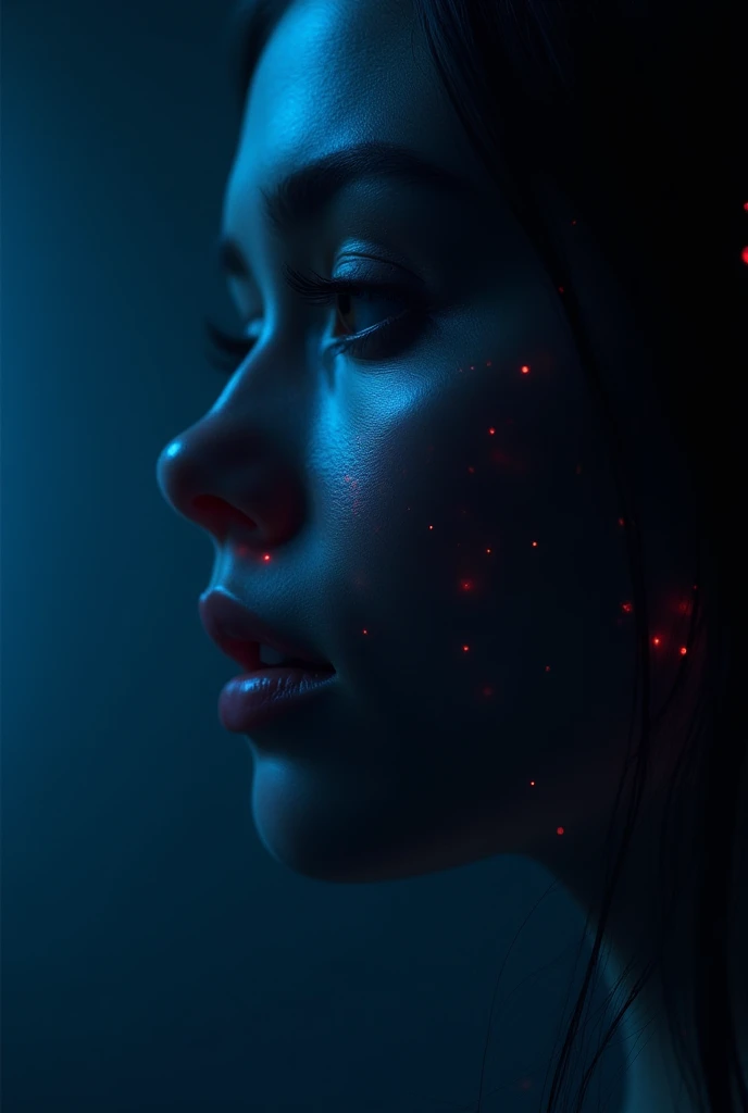 A dark mode style wallpaper featuring a close-up of a human face with soft, glowing accents. The background should be a gradient of dark blues and blacks, creating a mysterious and modern vibe. The face should be illuminated by subtle neon lights, casting ...