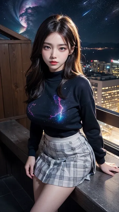 ai_kase, (A clear night sky with multiple nebulae clearly visible:1.2), (A beautiful girl looking at a nebula from the rooftop of a skyscraper), (Beautiful girl standing by the rooftop fence), (She is wearing a Color block crew neck sweater:1.3), break, (H...