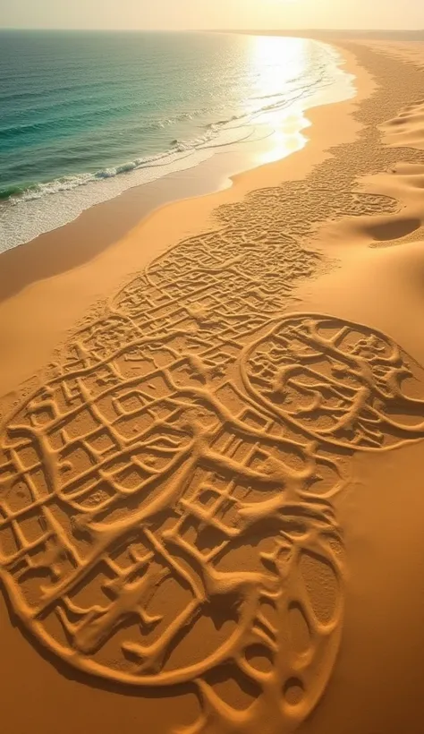 aerial view of intricate geometric patterns in sand, golden sunlight reflecting, beach and ocean in background, cinematic and hyperrealistic